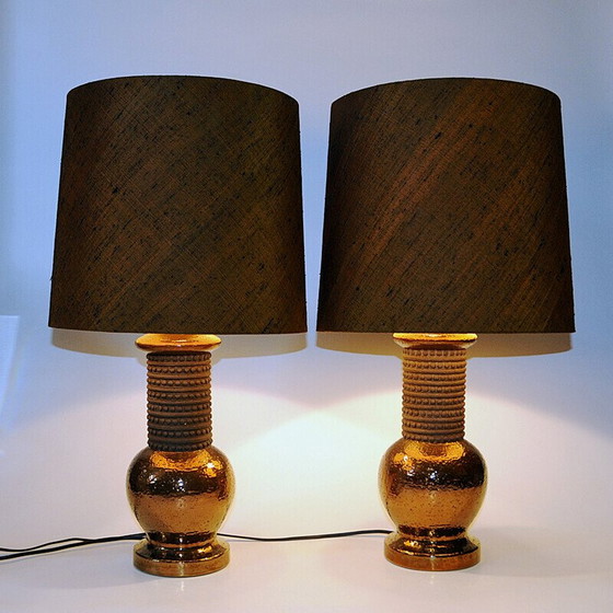 Image 1 of Paire de lampes de table vintage en céramique et cuivre pour Bergboms, Italie 1960
