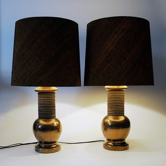 Image 1 of Paire de lampes de table vintage en céramique et cuivre pour Bergboms, Italie 1960