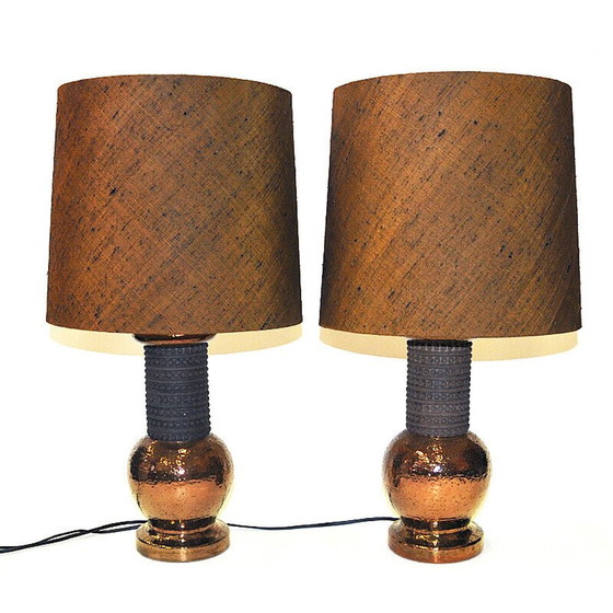 Image 1 of Paire de lampes de table vintage en céramique et cuivre pour Bergboms, Italie 1960