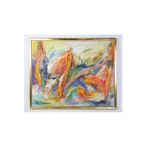 Peinture à l'huile vintage colorée "Where angels dance" par Leif Bjerregaard, 1995