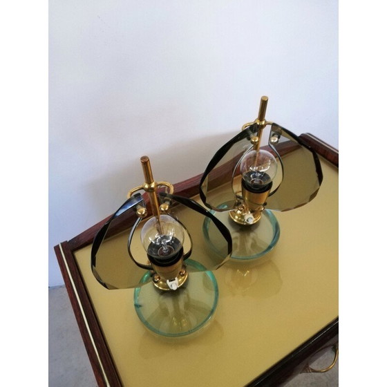 Image 1 of Paire de lampes vintage en laiton et verre fumé par Gino Paroldo, Italie 1950