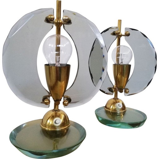 Paire de lampes vintage en laiton et verre fumé par Gino Paroldo, Italie 1950
