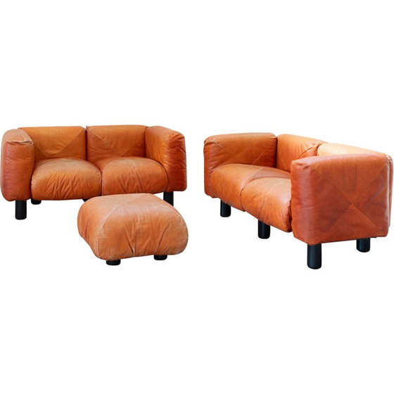 Image 1 of Ensemble de salon vintage en cuir orange par Mario Marenco pour Arflex, 1970