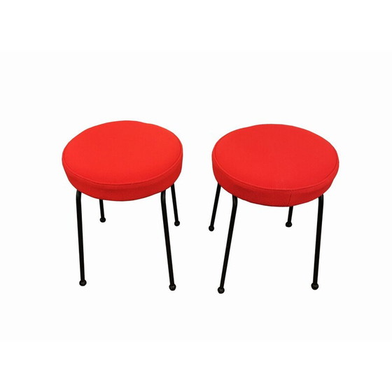 Image 1 of Paire de tabourets vintage en laine rouge et métal noir 1950