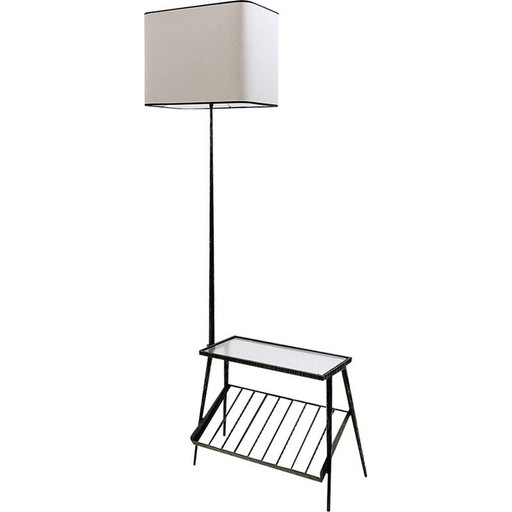 Lampadaire vintage en fer forgé avec porte-revues