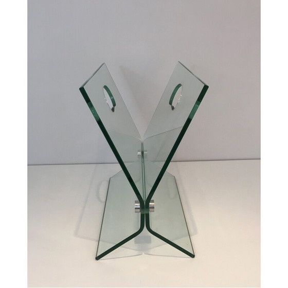 Image 1 of Porte-revues vintage en verre et acier brossé, France 1970