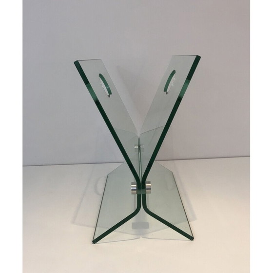 Image 1 of Porte-revues vintage en verre et acier brossé, France 1970