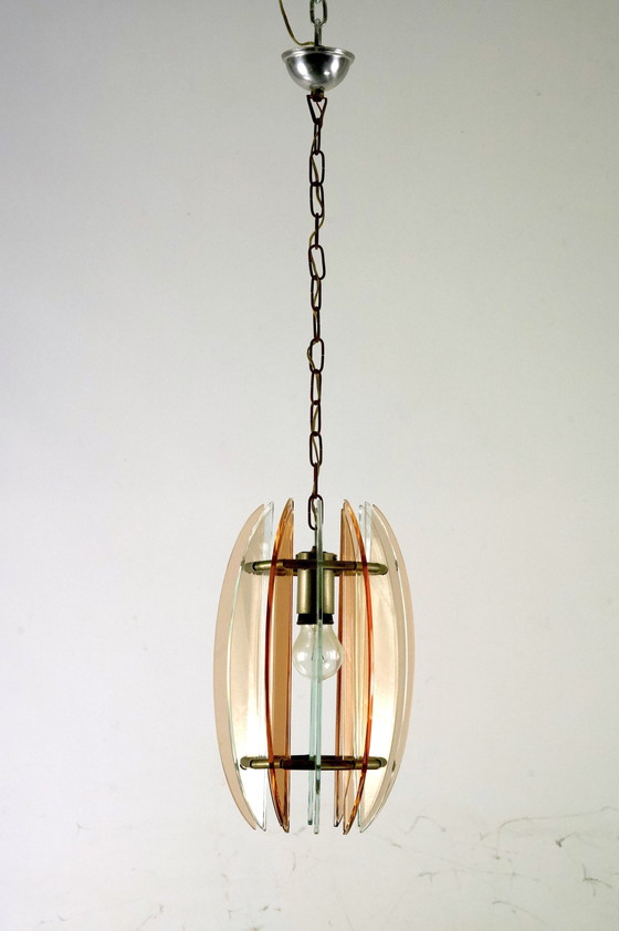 Image 1 of Mid Century Italian Pink and Clear Thick Glass Chandelier By Veca. Italie 1960S