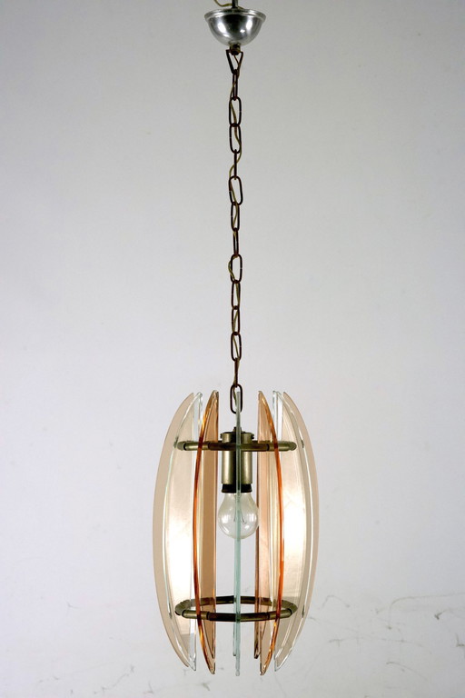 Mid Century Italian Pink and Clear Thick Glass Chandelier By Veca. Italie 1960S