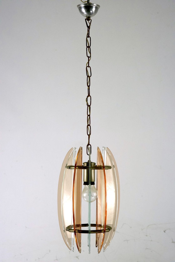 Image 1 of Mid Century Italian Pink and Clear Thick Glass Chandelier By Veca. Italie 1960S