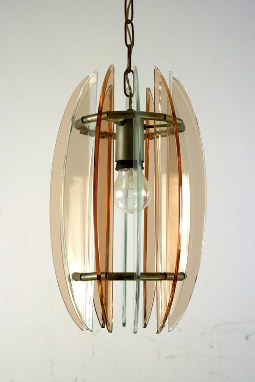 Mid Century Italian Pink and Clear Thick Glass Chandelier By Veca. Italie 1960S