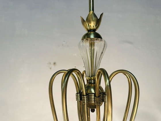 Image 1 of Lustre en laiton et verre, années 1950