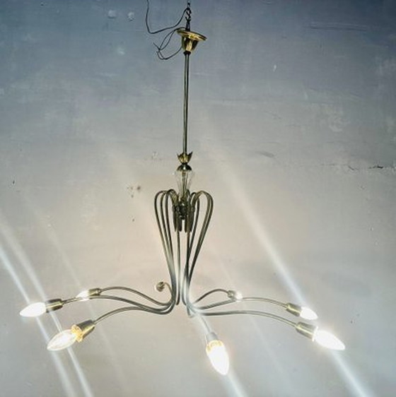 Image 1 of Lustre en laiton et verre, années 1950