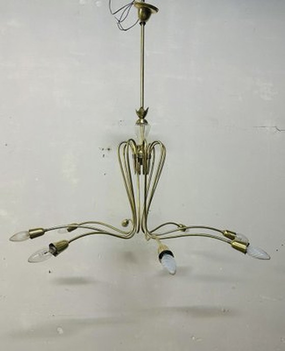 Image 1 of Lustre en laiton et verre, années 1950