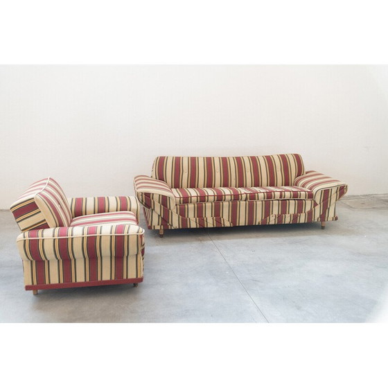 Image 1 of Ensemble de sièges vintage en bois et tissu rayé, Italie 1970