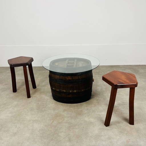 Table Basse Tonneau de Cognac, Bois et Verre