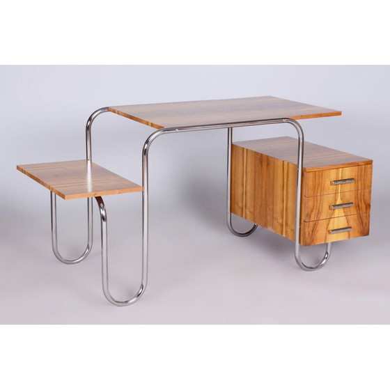 Image 1 of Bureau vintage en noyer et acier chromé par André Lurcat, Tchécoslovaquie 1930