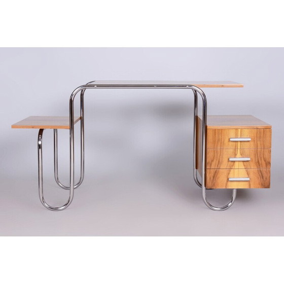 Image 1 of Bureau vintage en noyer et acier chromé par André Lurcat, Tchécoslovaquie 1930