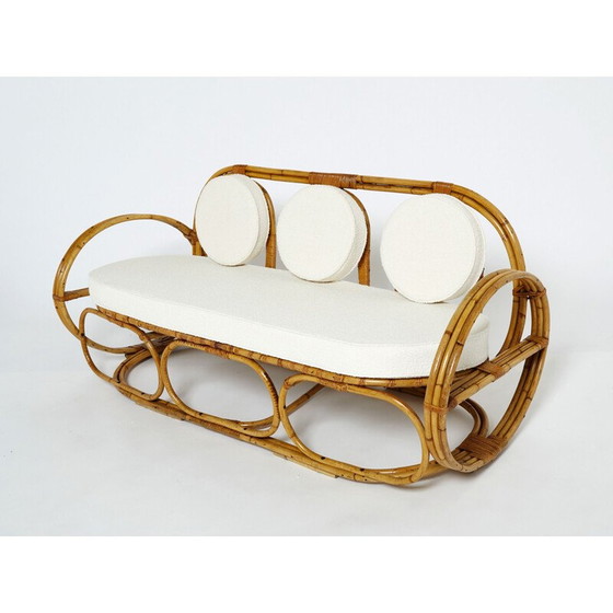 Image 1 of Canapé italien vintage à 3 places et repose-pieds en bambou et laine, années 1960