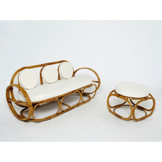 Image 1 of Canapé italien vintage à 3 places et repose-pieds en bambou et laine, années 1960