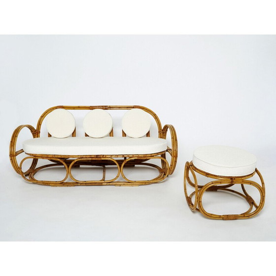 Image 1 of Canapé italien vintage à 3 places et repose-pieds en bambou et laine, années 1960