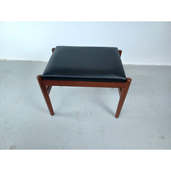 Image 1 of Repose-pieds vintage danois en teck recouvert de cuir noir, années 1960