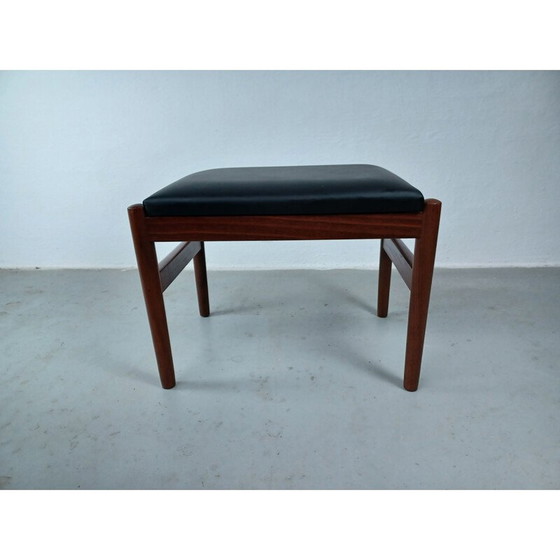 Image 1 of Repose-pieds vintage danois en teck recouvert de cuir noir, années 1960