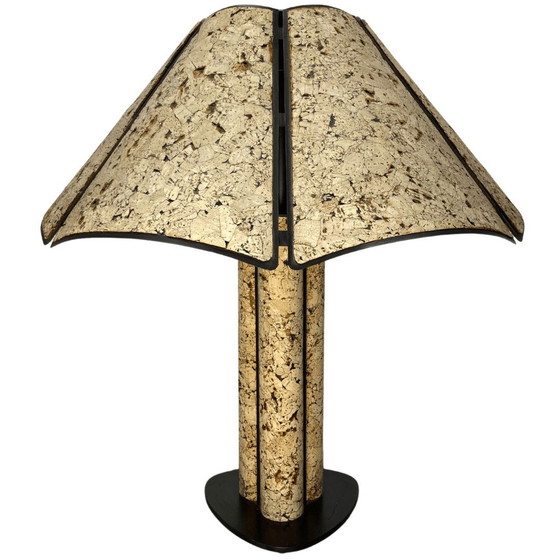 Image 1 of Grande lampe de table en liège et métal noir des années 1970 dans le style d'Ingo Maurer, Allemagne