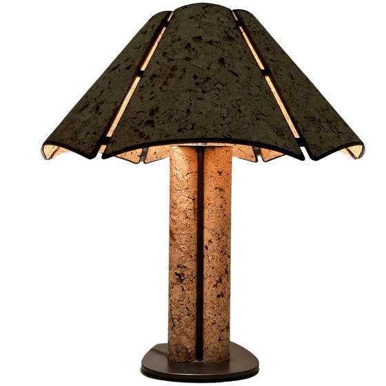 Image 1 of Grande lampe de table en liège et métal noir des années 1970 dans le style d'Ingo Maurer, Allemagne