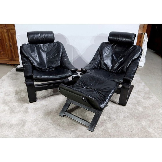 Image 1 of Ensemble de salon vintage en cuir véritable "Kroken" par Ake Fribytter pour Nelo, Suède 1974