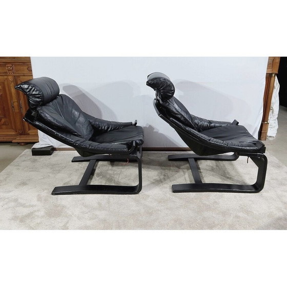 Image 1 of Ensemble de salon vintage en cuir véritable "Kroken" par Ake Fribytter pour Nelo, Suède 1974