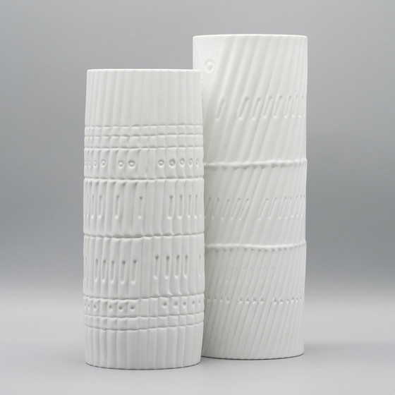 Image 1 of Werner Schreib Bamboo Relief Rosenthal Studio Line Bisque Porcelain Vase Duo Xl