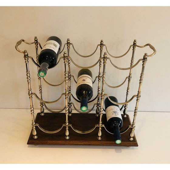 Image 1 of Porte-bouteille vintage en métal argenté sur base en bois, 1960