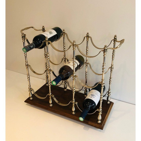 Image 1 of Porte-bouteille vintage en métal argenté sur base en bois, 1960