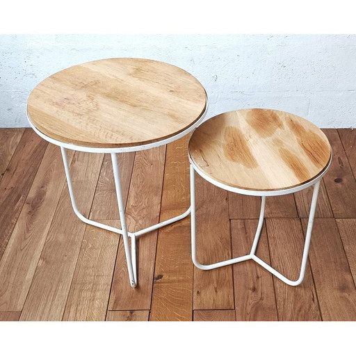 Paire de tables d'appoint vintage en bois brut et métal