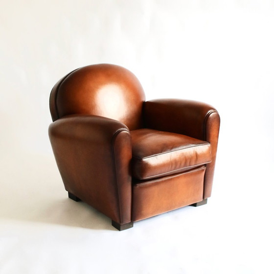 Image 1 of Fauteuil club "oxford" traditionnel, cuir havane, basane patiné mains