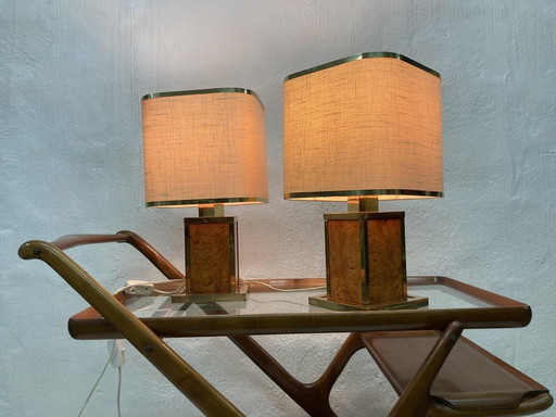 2 Lampes de table italiennes d'Interni C&T en laiton et bois de racine des années 80