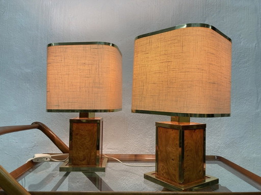 2 Lampes de table italiennes d'Interni C&T en laiton et bois de racine des années 80