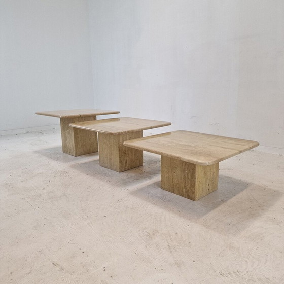 Image 1 of Ensemble de 3 tables basses vintage en travertin, Italie 1980