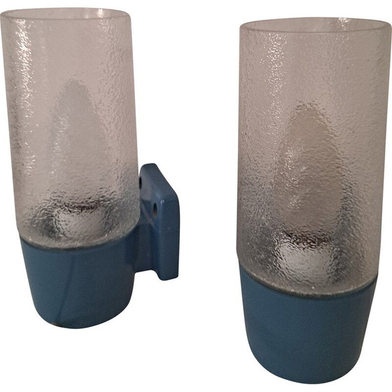 Image 1 of Paire d'appliques italiennes vintage en métal bleu émaillé et verre, années 1950