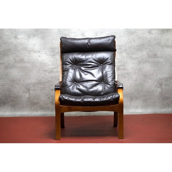 Image 1 of Fauteuil vintage en bois et cuir aniline par Ingmar Relling pour Westnofa, Norvège 1970