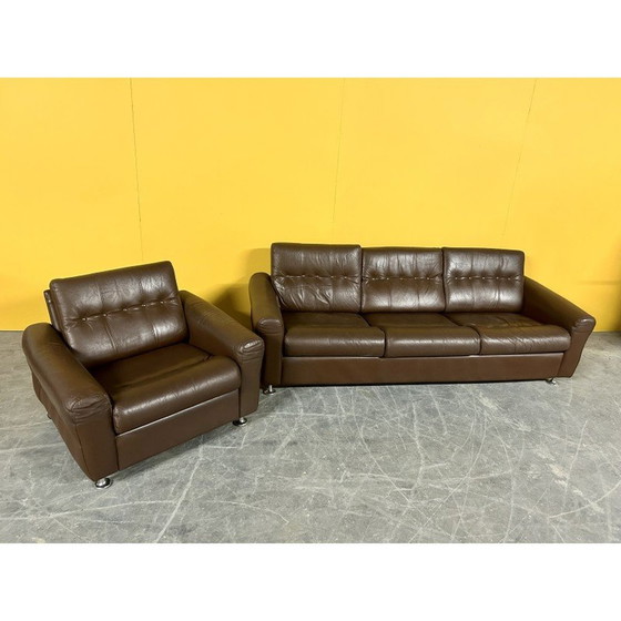 Image 1 of Ensemble de salon danois vintage en cuir brun, années 1960
