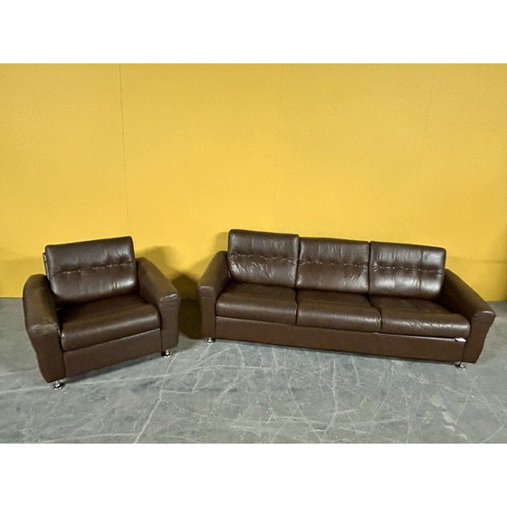 Image 1 of Ensemble de salon danois vintage en cuir brun, années 1960