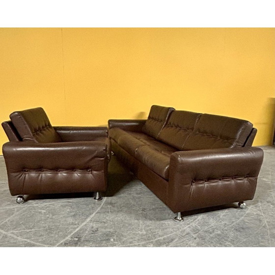 Image 1 of Ensemble de salon danois vintage en cuir brun, années 1960