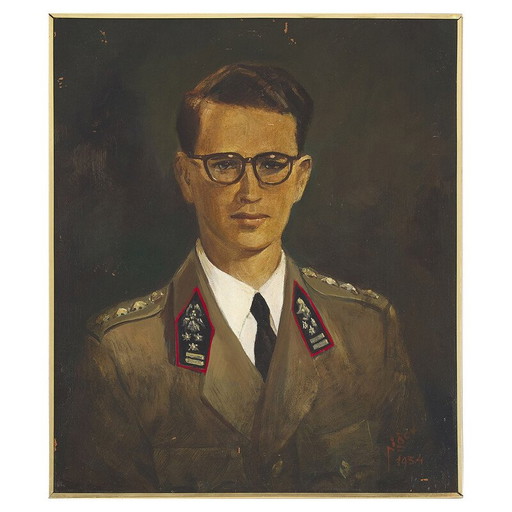 Huile sur isorel vintage "Portrait de sa Majesté Baudouin I" par Pierre Piget, 1954