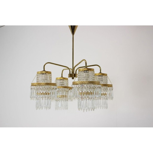 Lustre vintage en laiton et cristal de Zeleznobrodské Sklo, Tchécoslovaquie 1950