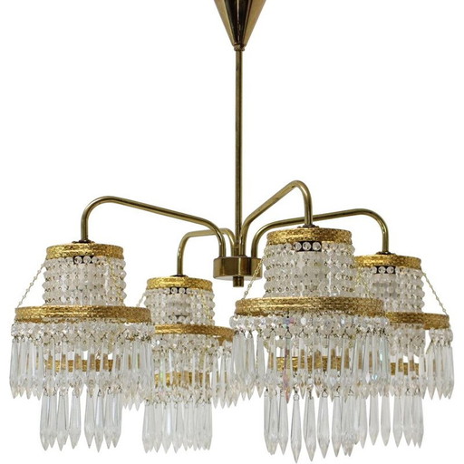 Lustre vintage en laiton et cristal de Zeleznobrodské Sklo, Tchécoslovaquie 1950