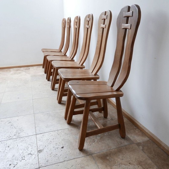 Image 1 of Ensemble de 12 chaises de salle à manger Brutalist en bois de chêne du milieu du siècle par De Puydt, Belgique 1970