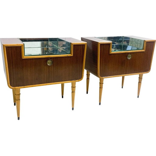 Paire de tables de nuit italiennes du milieu du siècle en bois et verre, années 1950