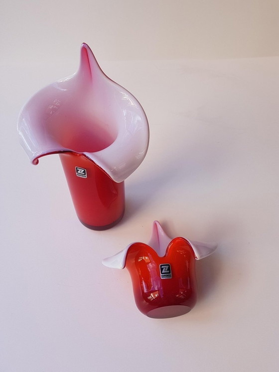 Image 1 of 3X Vases et Cendriers Bohemiam Rouge et Blanc par J.S. Drost pour Zabkowice